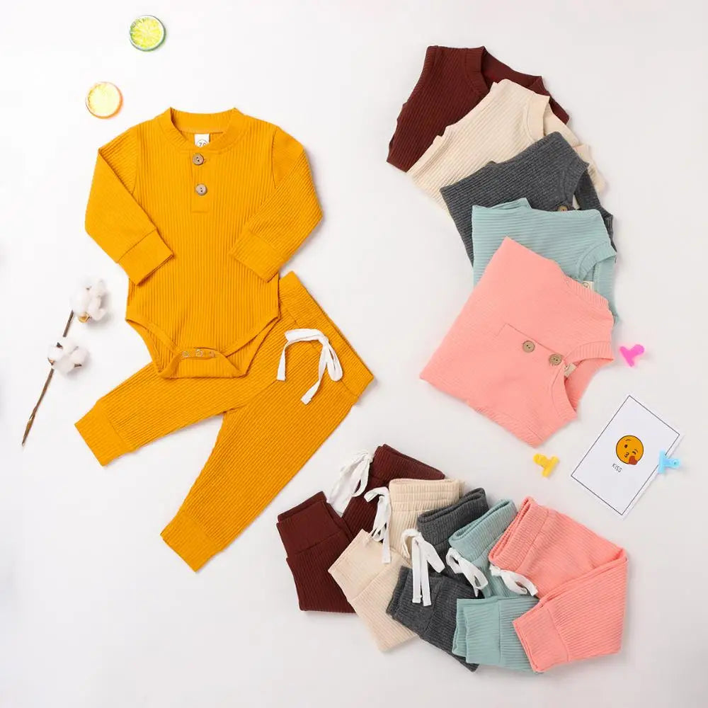 I YAN infant baby girl and boy spring autumn long sleeve bodysuits and elastic pants 2-piece outfit with ribbed and plaid designs