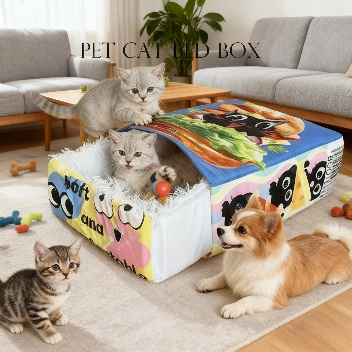 I YAN BOOTEELY Cartoon Hamburger plush cat bed with cute black cat design, spacious cozy nest for pet comfort and rest.