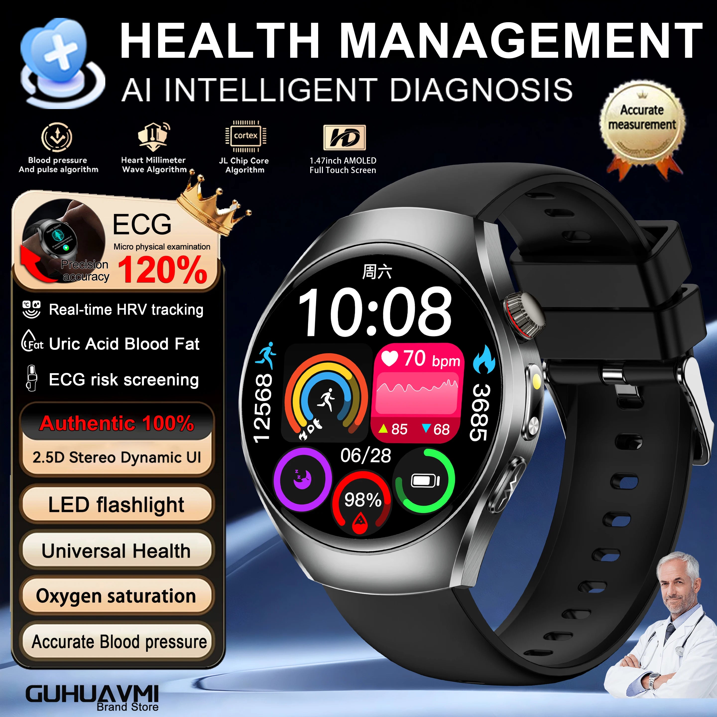 2026 New Nursing Grade Body Analysis Smart Watch  ECG Blood Lipid Uric Acid Body Fat Sport IP68 Voice Call SmartWatch Man Women