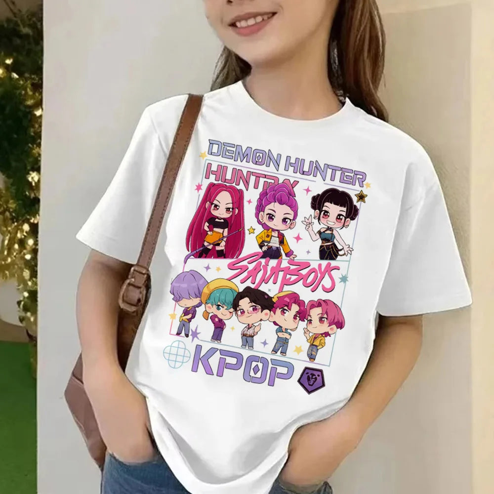 Movie KPop Demon Hunters T-shirt Summer Short Sleeve Tee for Children Casual Loose Girl Boy Graphic Printed Tops
