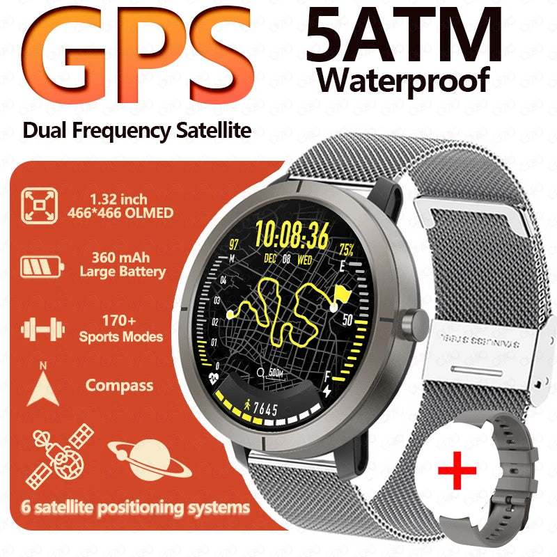 New GPS Positioning Smart Watch 1.32AMOLED 5ATM Waterproof Women Men Health Bluetooth Call 360mAh Compass 170+Sports Mode SmartWatch