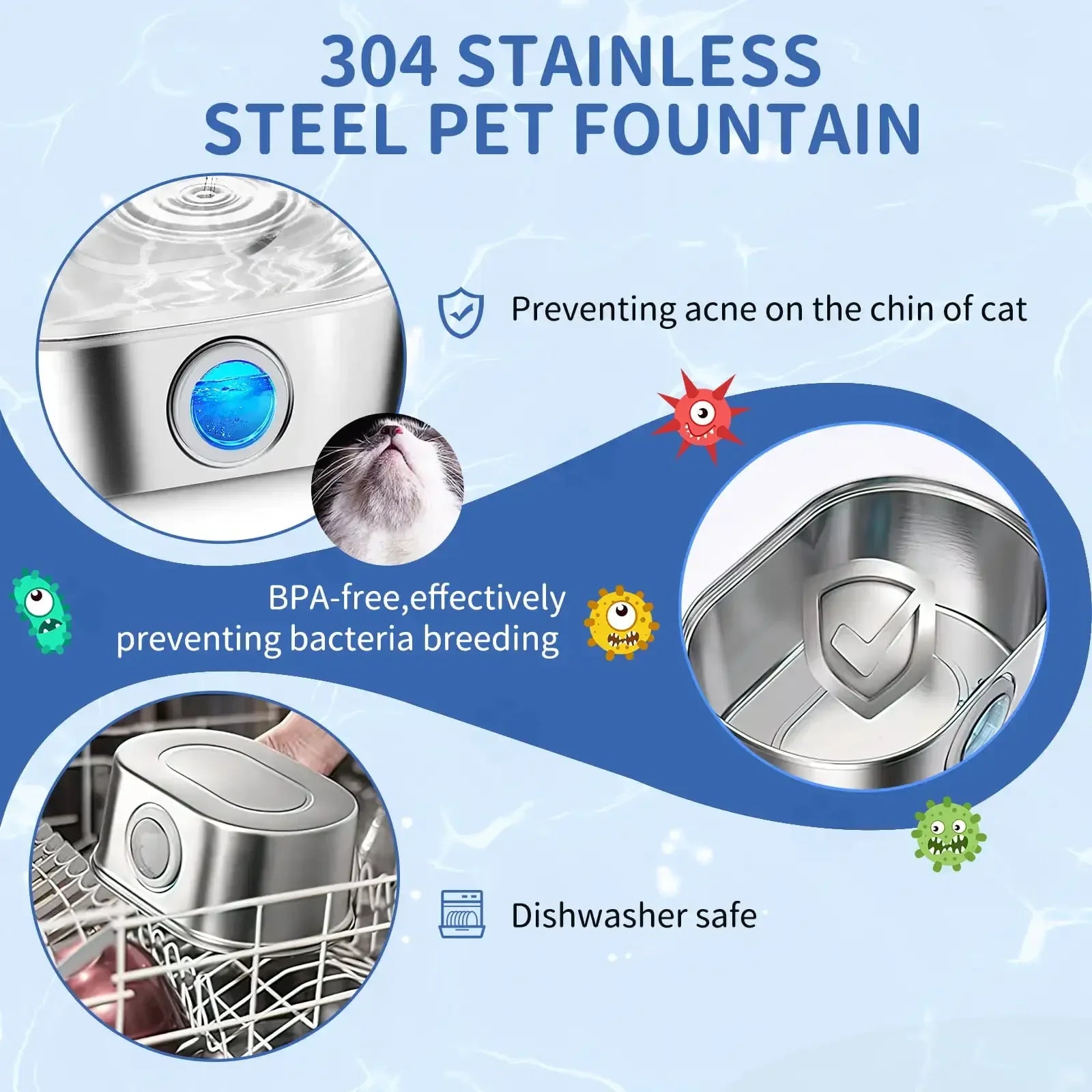 Cat Water Fountain, 3.2L/108oz Stainless Steel Dog Water Fountain, Pet drinking fountain, dishwasher safe, with triple filtration, quiet pump, and visible water window for cats and small pets