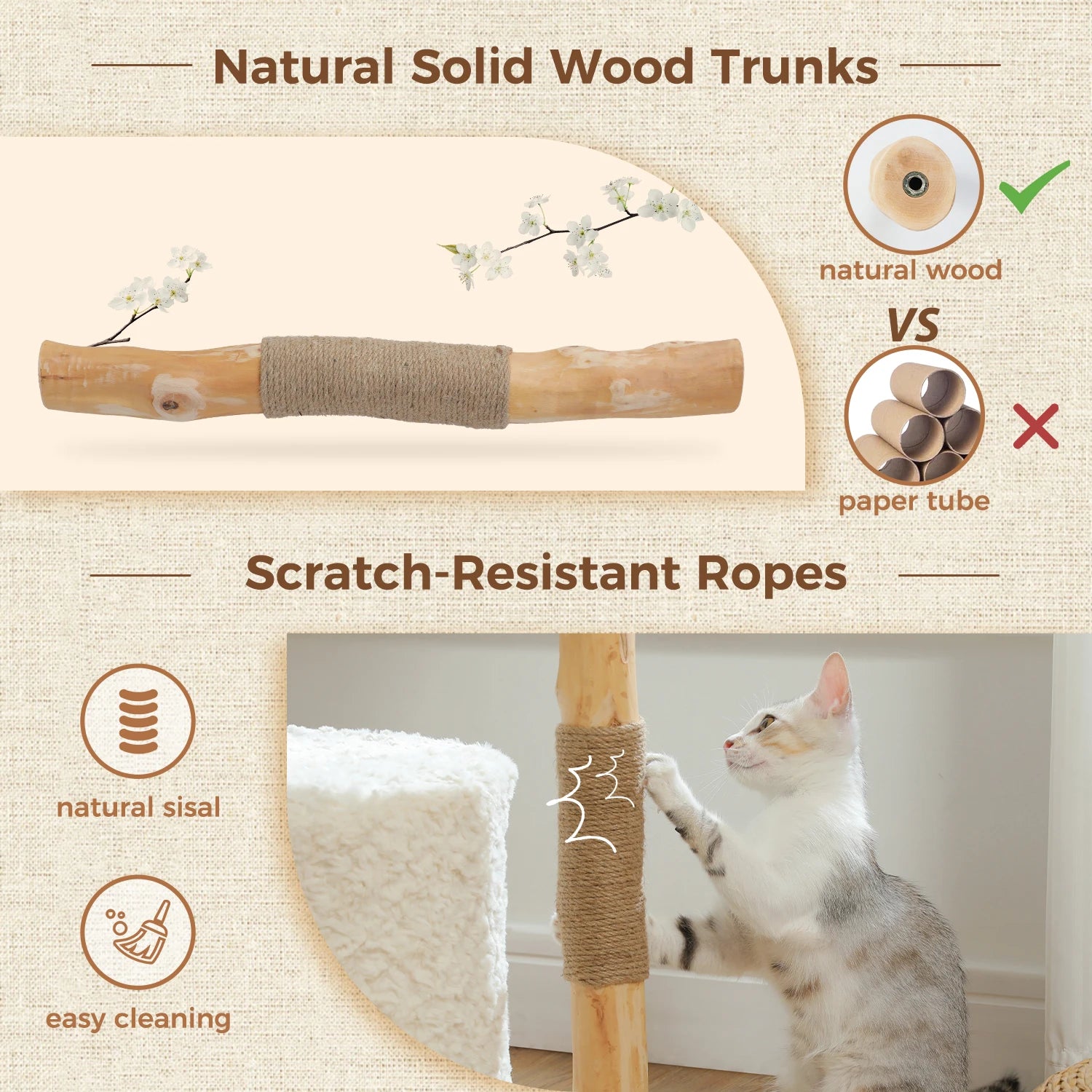 Modern Cat Tree, Natural Wood Cat Tower with Large Wicker Basket, Spacious Condo, Deep Hammock, Luxury Cat House Bed for Indoor