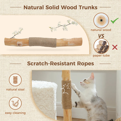 Modern I YAN cat tree with natural wood finish, large wicker basket, spacious condo, deep hammock, and cozy cat house bed.