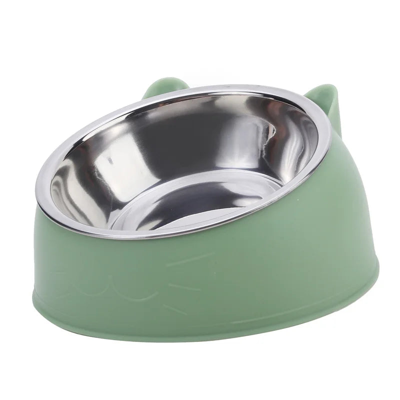 Set of stainless steel inclined cat and dog food bowls by I YAN, designed for easy feeding and drinking for pets.