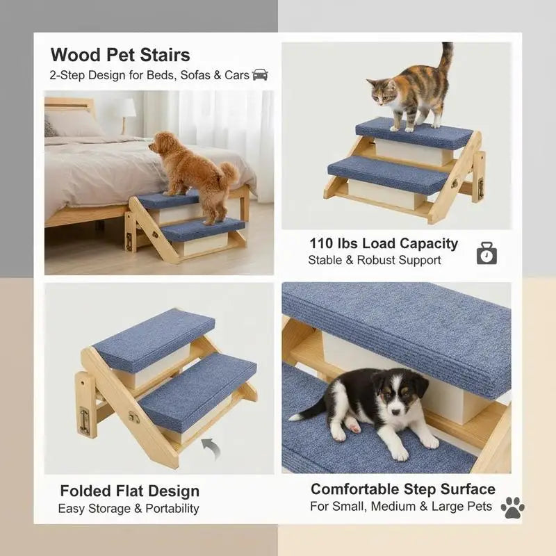 I YAN wood 2-step pet stairs for cats and dogs, foldable, sturdy, with a flat design, suitable for beds, sofas, and cars.