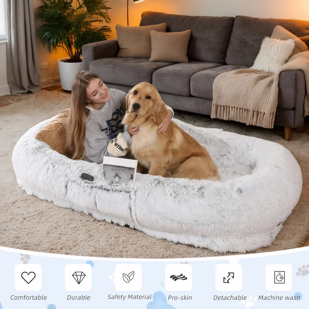 Gray Ye Human Dog Bed by I YAN featuring washable faux fur, orthopedic design, 71x45x14 inches for comfortable pet and human lounging