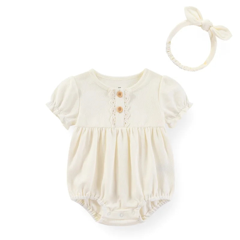 Baby Girl Clothes Sets Cotton Bodysuit +Headband Short Sleeve Newborn Baby Girl Jumpsuit Summer Solid Color 6-24Months Bebes