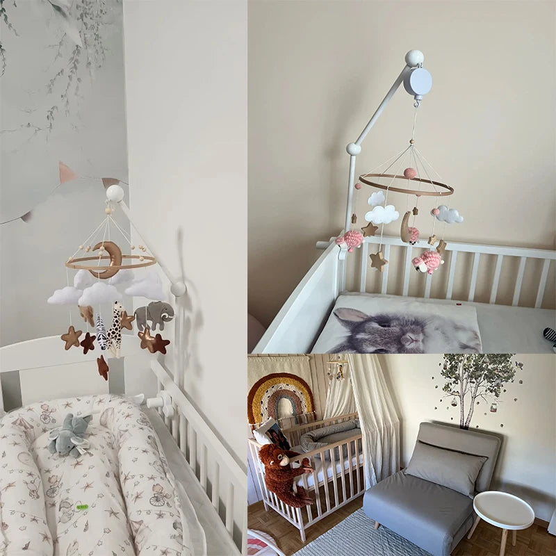 Baby Crib Mobile with Cartoon Felt Forest Animals – Wooden Bed Bell 0-12M - I YAN