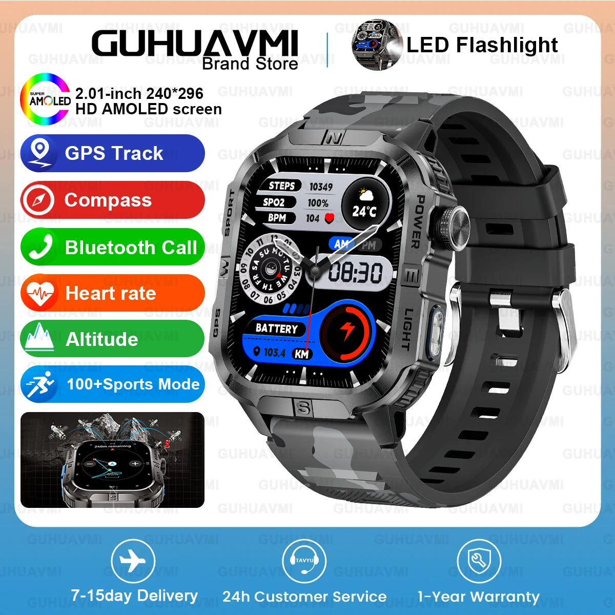 New Dual-Band Satellite GPS Smart Watch Men 2.01'' HD Screen Compass Military Flashlight Watches Waterproof Swim Smart Bracelet