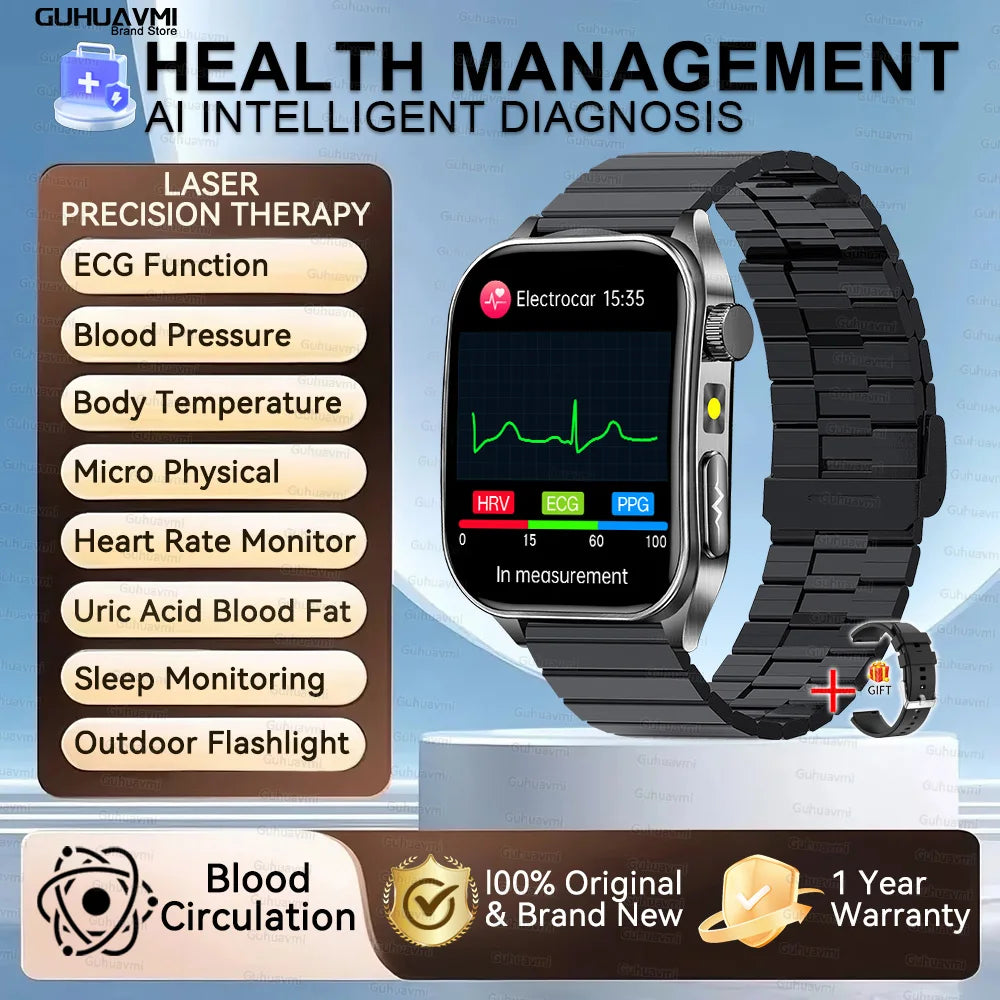 2025 New Mcro Phsical Examination 650nm Laser Therapy ECG Urci Acid Blood Fat Smart Watch Men Blood Pressure Heart Rate Bracelet