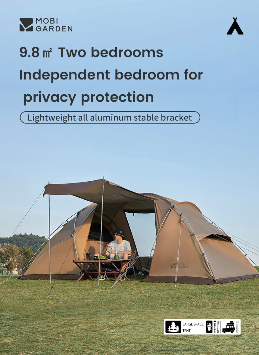 MOBI GARDEN Camping Tunnel Tent Two Bedrooms Waterproof Sunshade Portable Living Tent