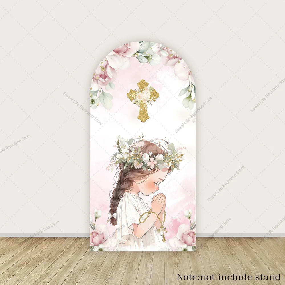 Girl First Holy Communion Arch Cover Backdrops God Bless Cross Grail Candle Decor Party Arched Wall Banner Background