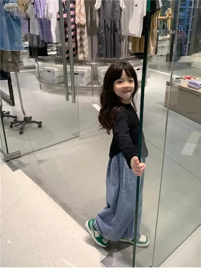 Autunm Clothes 1PCS Children's Denim Pants Girls' Baby Clothes Korean Bottoming Shirts Casual Jeans Girls Wide-leg Pants Tops