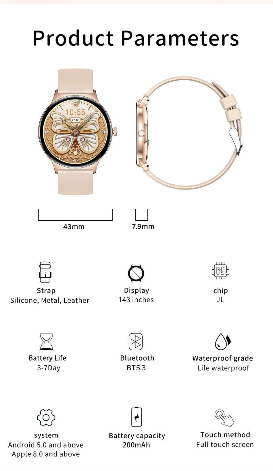 2026 New Ultra Slim AMOLED Smart Watch Women Screen Always Display Time Heart Rate BT Calling High-end Fashion Smartwatch