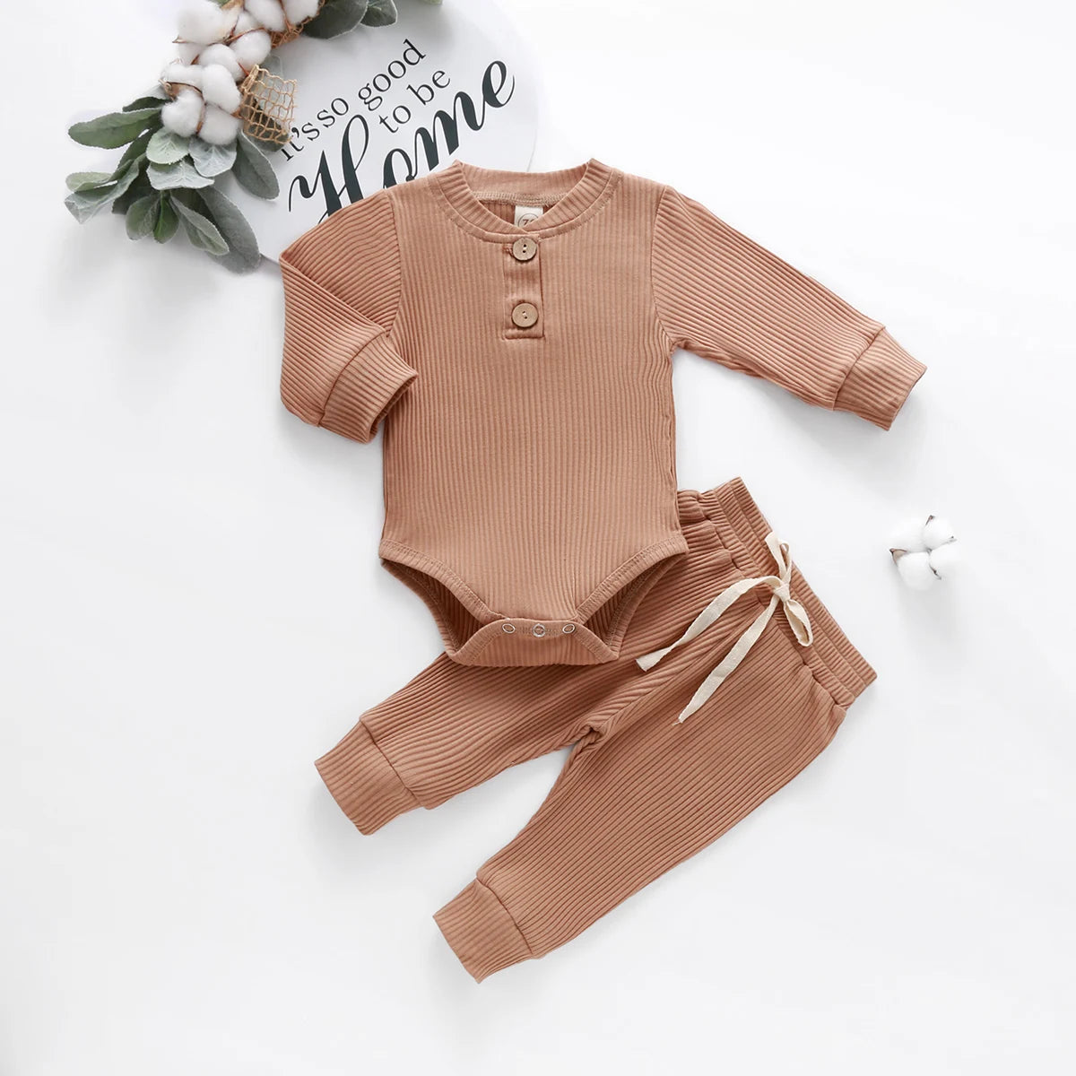 Infant baby girl and boy spring autumn ribbed and plaid solid long sleeve bodysuits with elastic pants 2-piece outfit by I YAN
