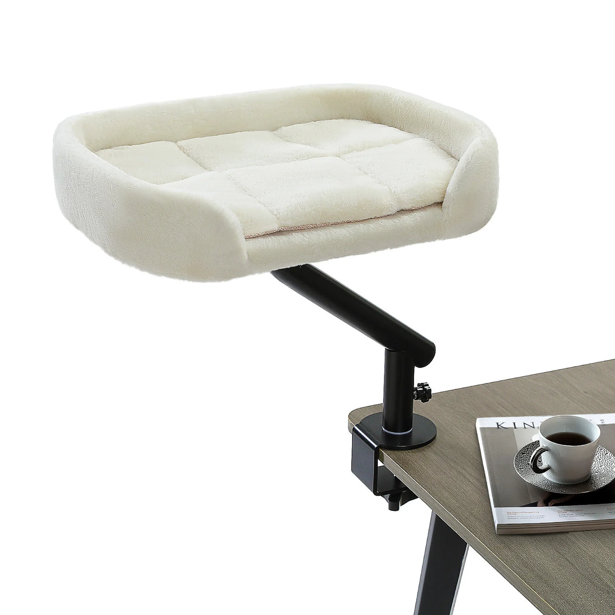 Soft I YAN cat desk bed stand with a 360° rotatable, adjustable hammock for indoor cats, placed on a desk.