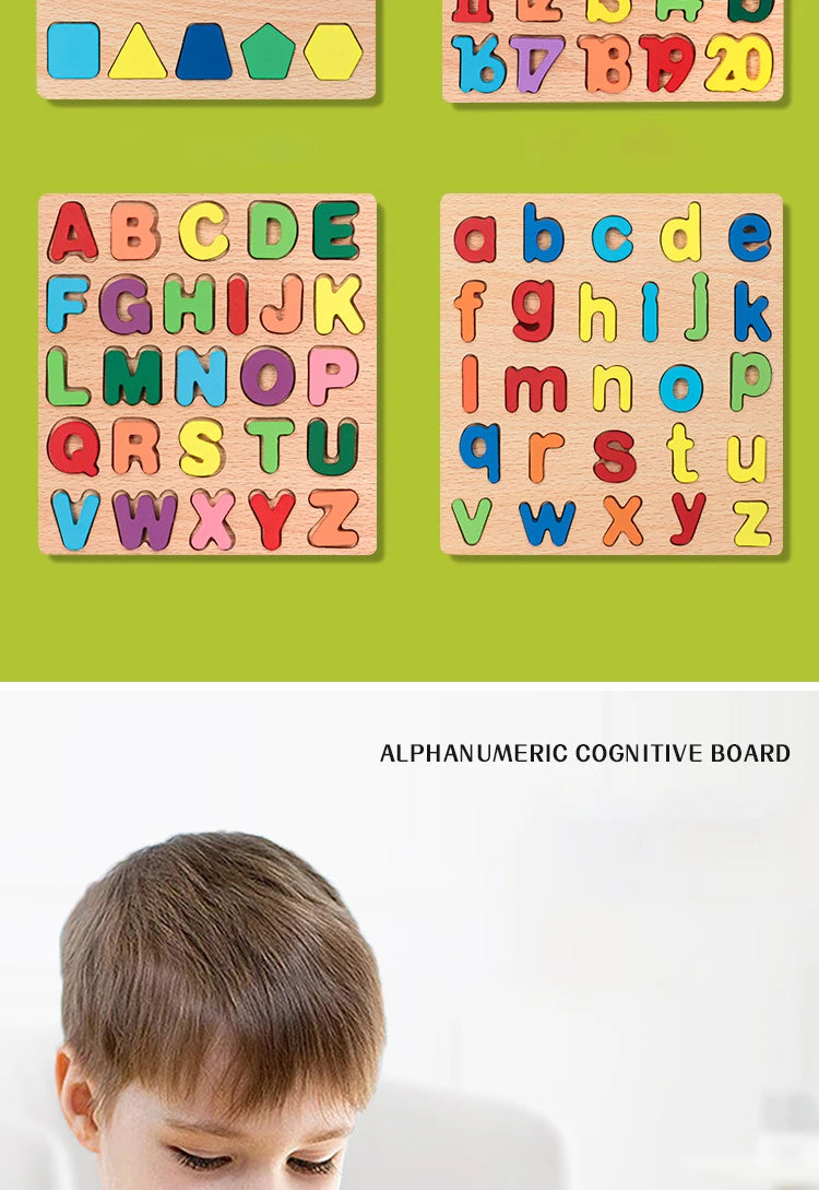 Wooden kids alphabet, arithmetic, and geometric shapes puzzle by I YAN, designed for preschool learning and educational play.