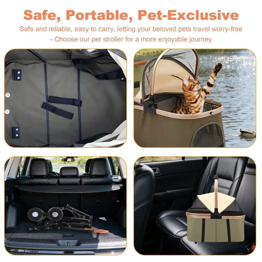 3-in-1Double Pet Stroller, Foldable Portable Pet Travel Strolling Cart for Medium Small Dogs Cats, up to 50lbs Dark Green