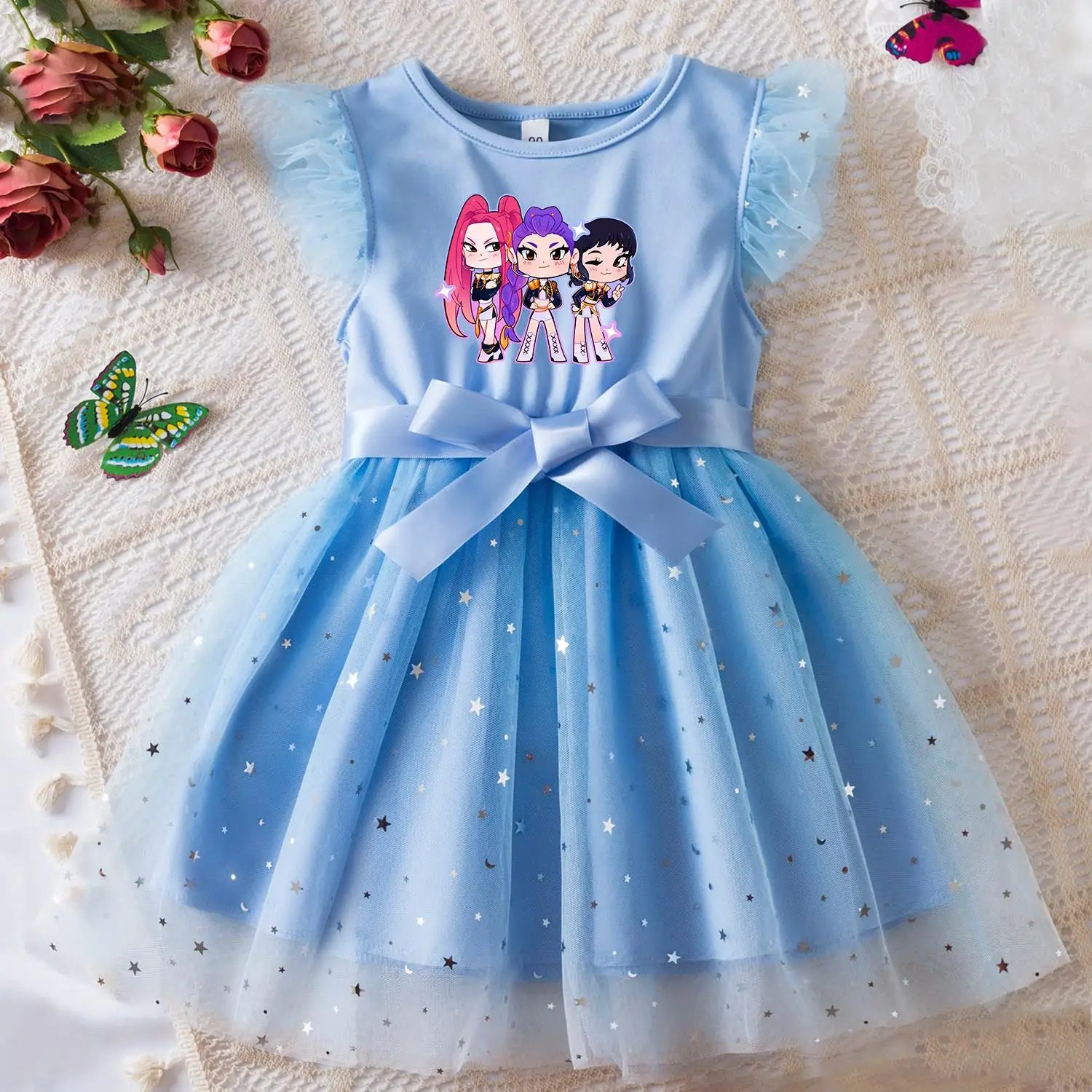 K-Pop Hunters Zoey Rumi Girls Sequin Tutu Dress with Bow Flutter Sleeves Summer Princess Party Outfit for Toddler Kids 2-6 Years