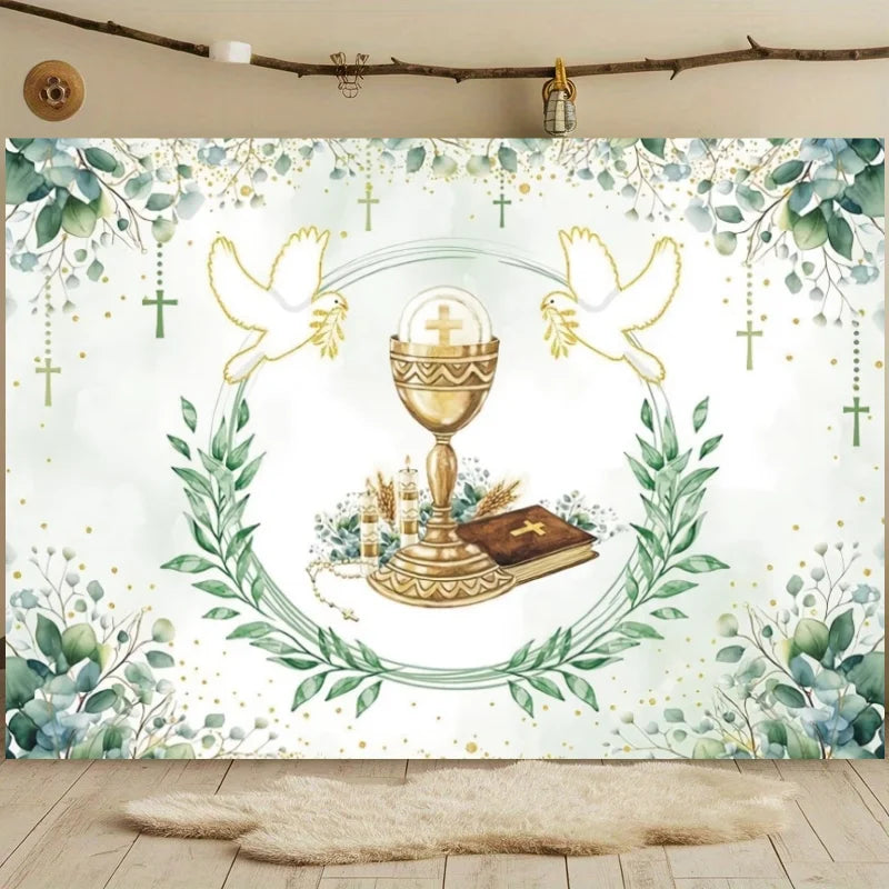 First Holy Communion Backdrop Flower Gold Cross Decor Boy Girl Baby Shower My Baptism Birthday Party Photography Background Prop