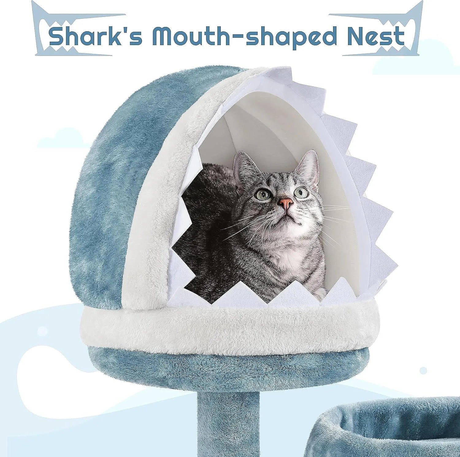 61in Ocean Cat Tree Tower with Shark Mouth Nest, Fish Platform, Sisal Posts, Plush Bed