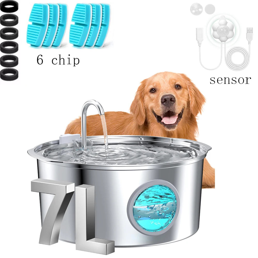 7L Large Capacity Stainless Steel Pet Water Fountain, Filtered Silent Water Pump, Pet Drinking Bowl for Dogs and Multiple Cats