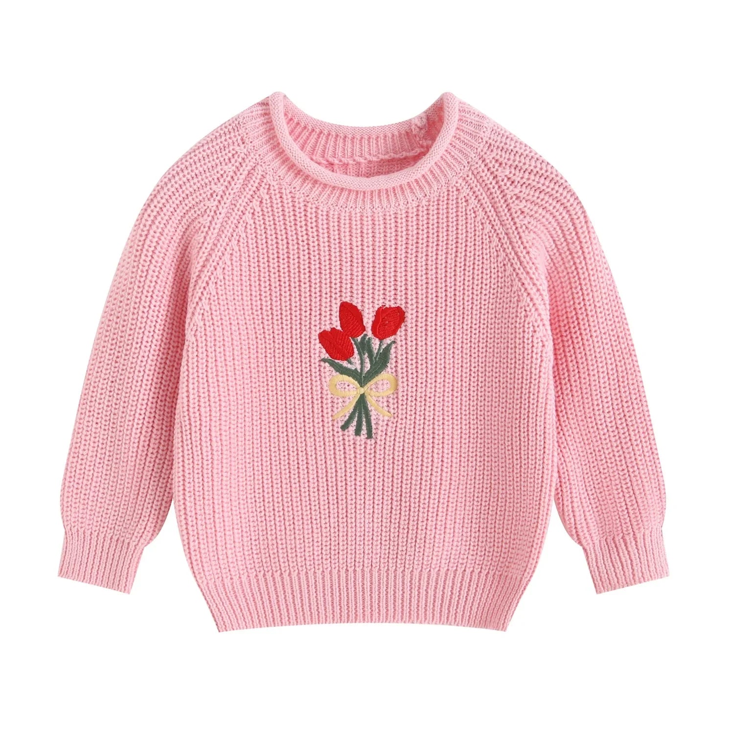 Girl Cotton Knit Pullover Embroidered Tulip Flower Sweater 2026 Spring Autumn 0-5Y Children Long Sleeve Clothing