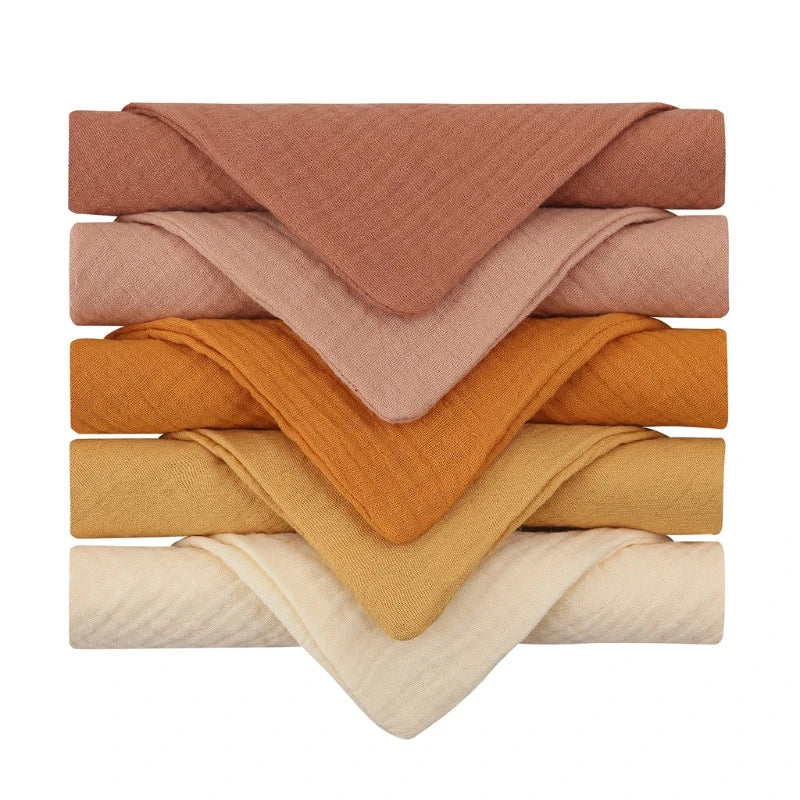 Set of 5 I YAN square cotton baby face towels and burp cloths, soft, absorbent gauze bibs and washcloths for kids.