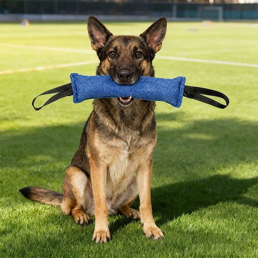 Durable I YAN Jute Bite Pillow dog tug toy for training and play, suitable for all dog sizes, featuring a soft, textured jute fabric.