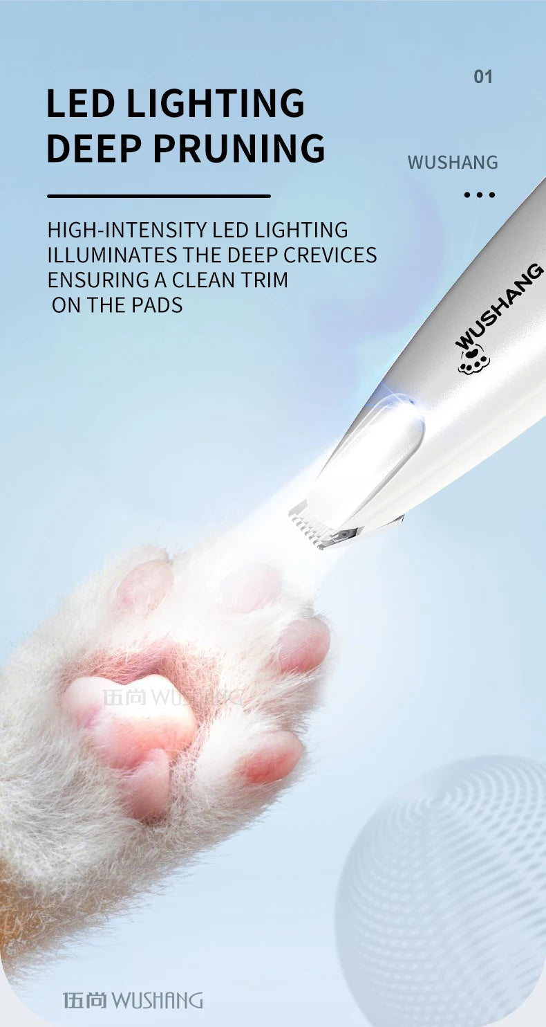 I YAN pet grooming trimmer with LED light, waterproof and low noise hair clipper for dogs and cats, shown with attachment and power button