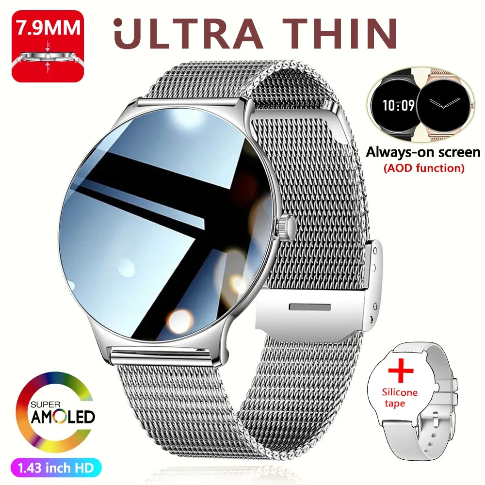 2026 New Ultra Slim AMOLED Smart Watch Women Screen Always Display Time Heart Rate BT Calling High-end Fashion Smartwatch