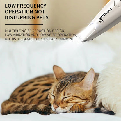 I YAN pet grooming trimmer with LED light, waterproof and low noise hair clipper for dogs and cats, shown with grooming blades.