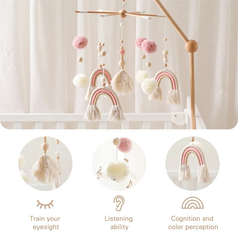 Boho Rainbow Baby Crib Mobile – Wooden Montessori Bed Bell for Newborns - I YAN