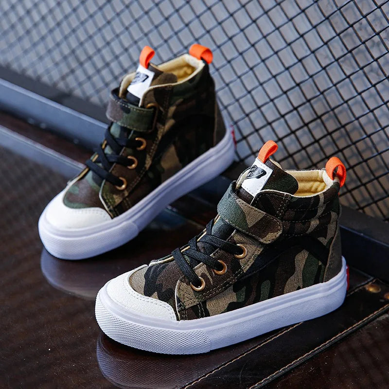 Spring Autumn Canvas Board Shoes Children Camouflage Flat Bottom Casual Shoes Boys Girls High Top Breathable Kid Sprint Sneakers