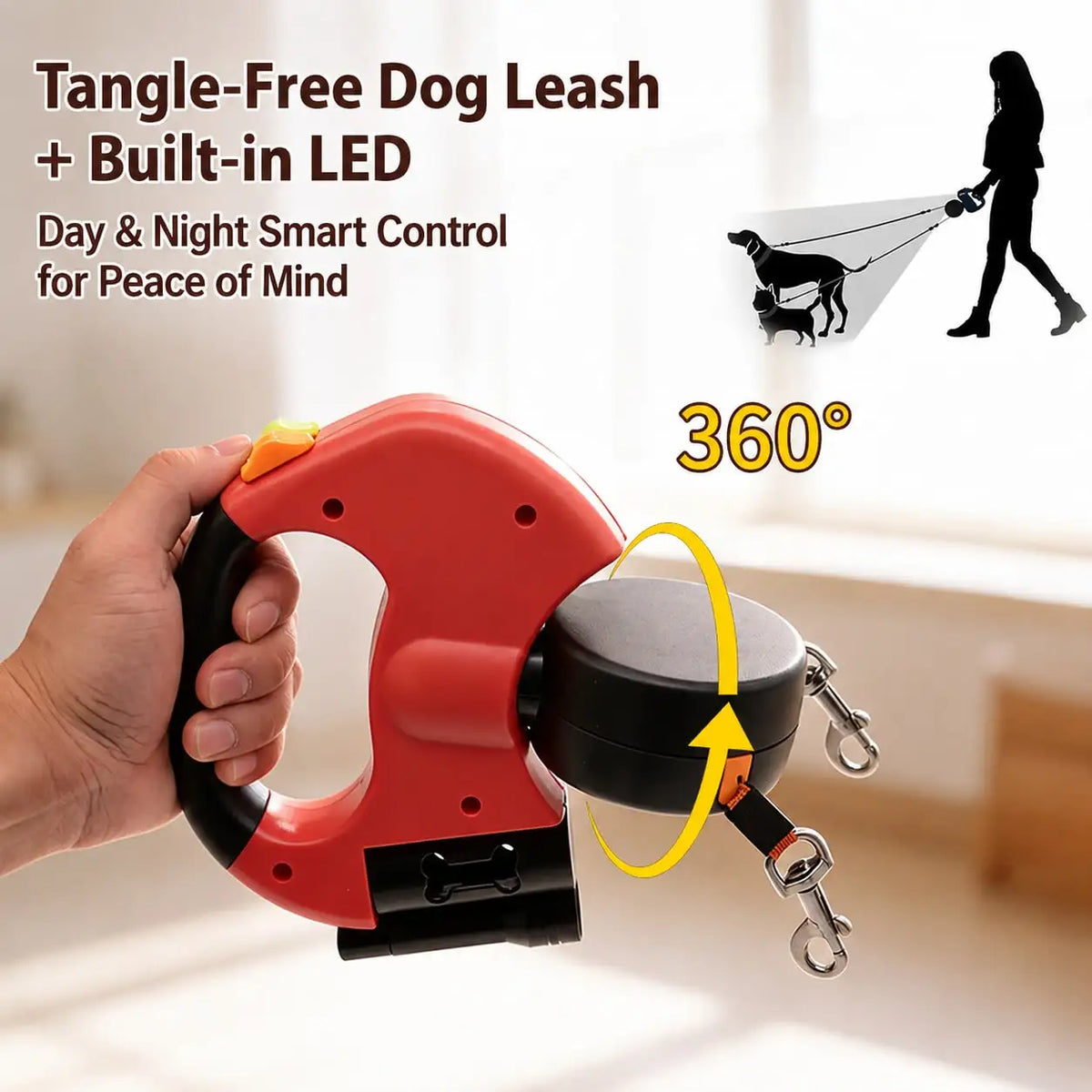 I YAN dual retractable dog leash with LED light for small dogs, showing the leash extended with a comfortable handle and LED illumination.