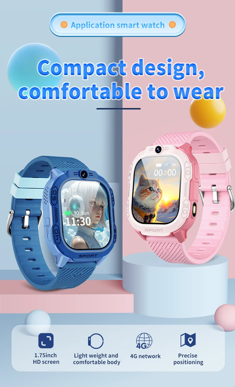 I YAN T70 Kids Smartwatch showing digital display with GPS tracker, SIM card slot, waterproof design, and parental remote control.