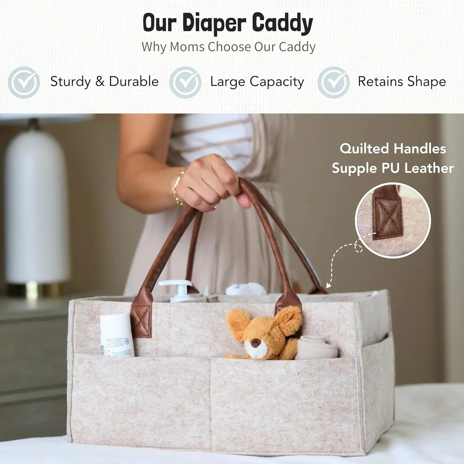 Baby felt nursery organizer basket by I YAN with handles, large pockets, ideal for diaper storage and changing supplies.