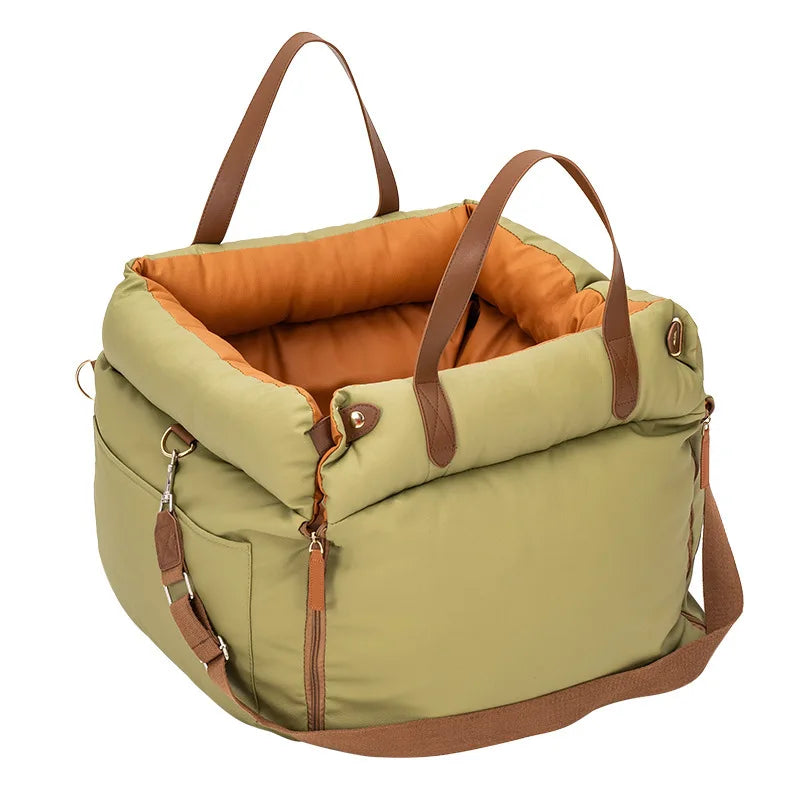 Dog car seat with safety belt by I YAN, non-slip travel carrier for small dogs, providing secure and comfortable car travel.