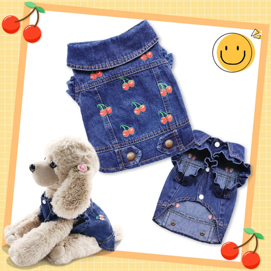 I YAN dog jeans jacket in cool blue denim for small and medium dogs, featuring lapel collar and classic puppy hoodie style.