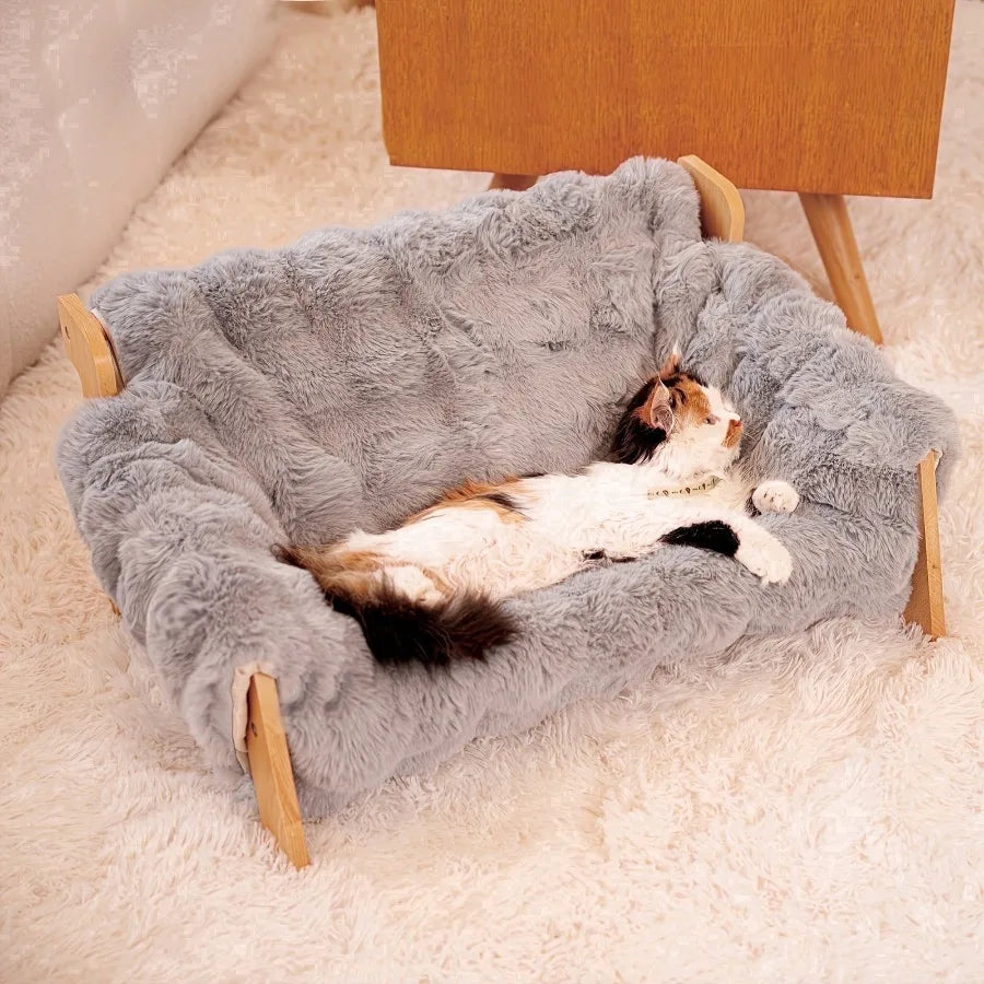 Cat Sofa Bed for Indoor Cats, Elevated Cat Couch with Wooden Frame, Washable Fluffy Cushion, Cooling Mat Cushion, Raised Pet Be