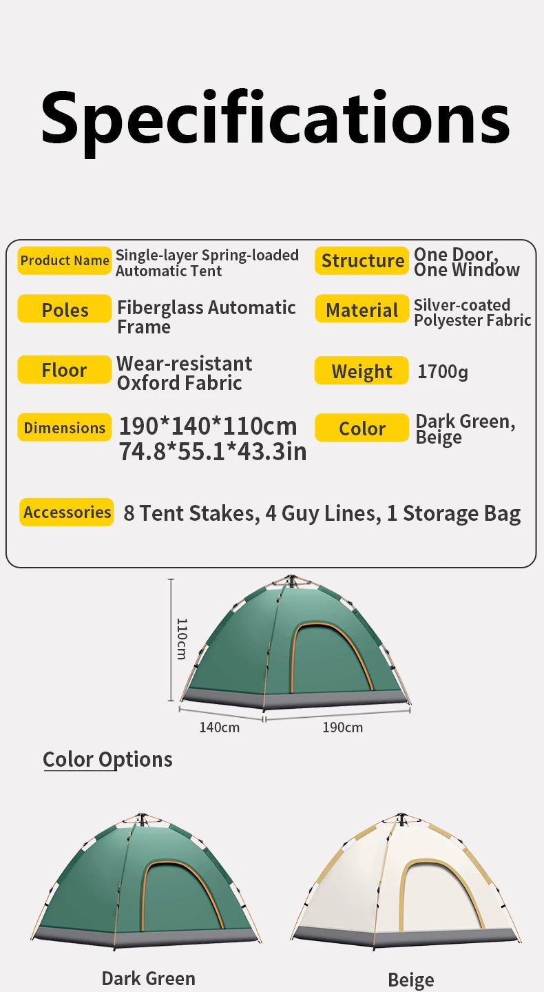 1 Green Camping Tent Outdoor Portable Foldable Overnight Fully Automatic Thickened Beach Indoor Quick-Open
