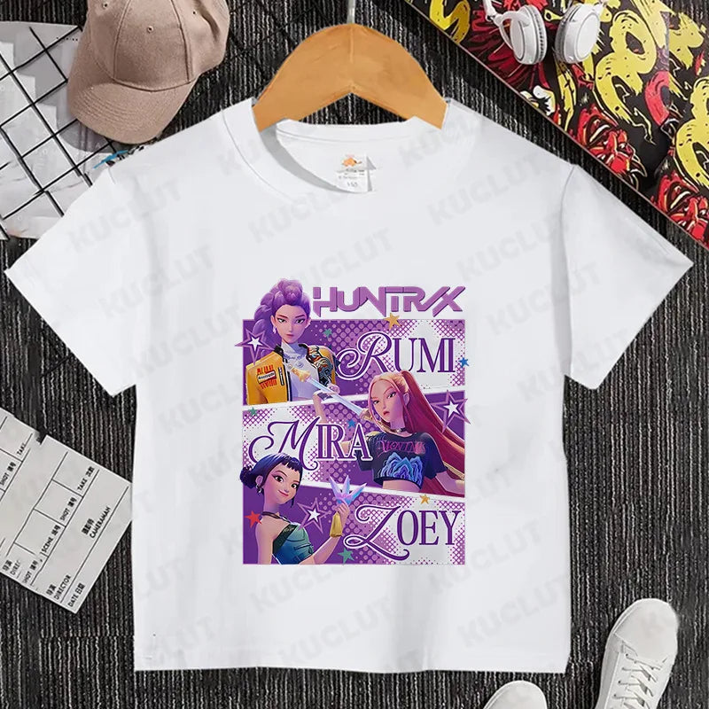 Kawaii K-POP Demon Hunters Kids T-shirt Girl Boy Clothes Children Clothing Fashion Tops Cotton Sweet Gift Short Sleeve Costumes