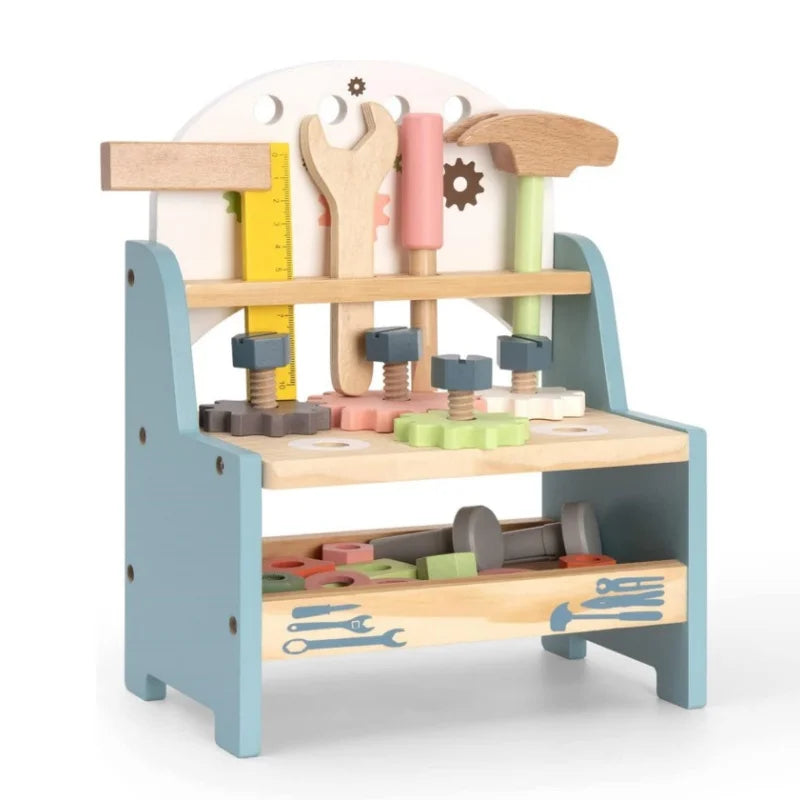 Mini Robotime wooden work bench set with toy tools for pretend play, ideal educational construction toy for boys and girls.
