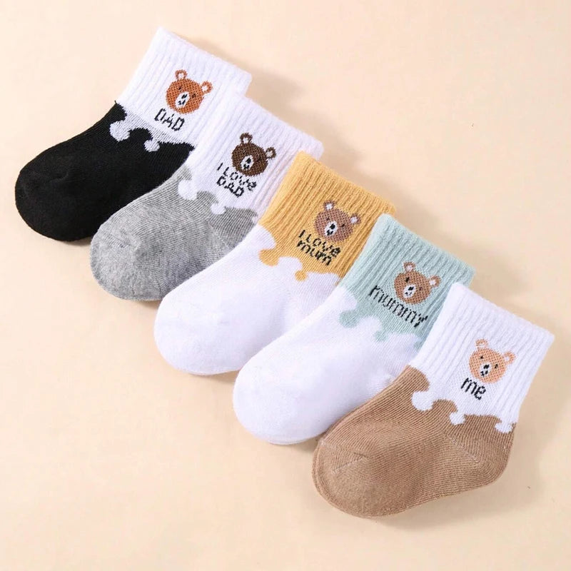 Set of five I YAN Baby Bear Family Socks featuring cute cartoon bear designs for newborns and toddlers.