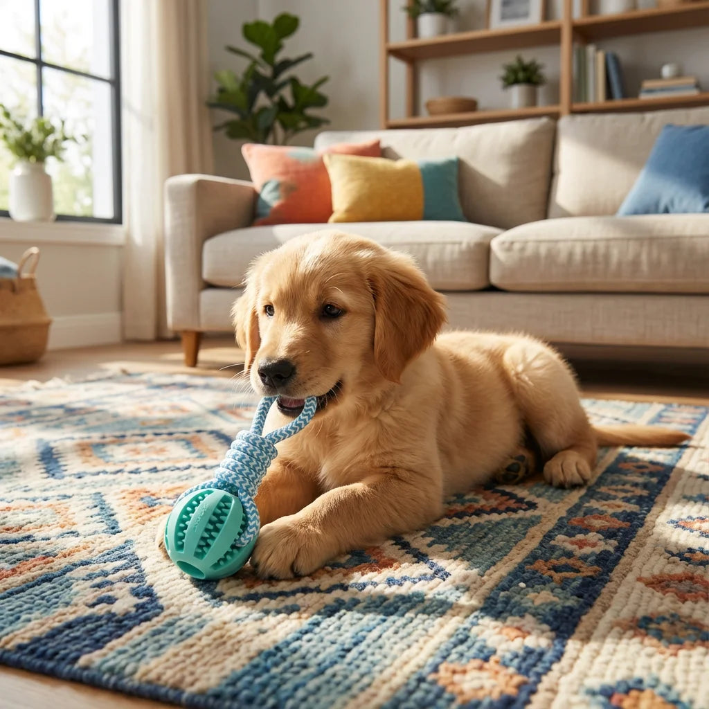 Durable cotton rope and rubber dog chew ball treat dispenser toy from I YAN, 18x13cm, ideal for teething and boredom relief.