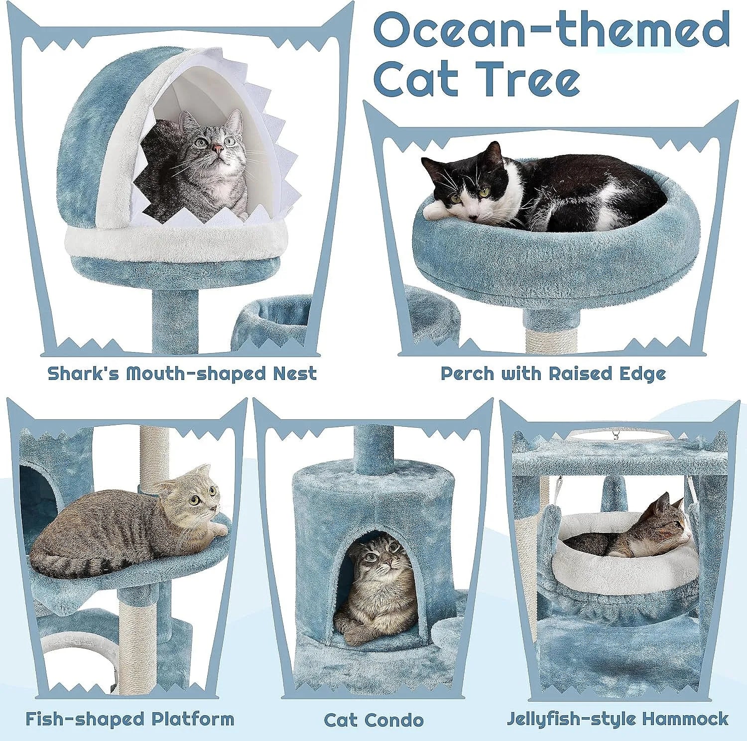 61in Ocean Cat Tree Tower with Shark Mouth Nest, Fish Platform, Sisal Posts, Plush Bed