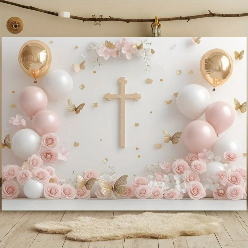 First Holy Communion Backdrop Flower Gold Cross Decor Boy Girl Baby Shower My Baptism Birthday Party Photography Background Prop