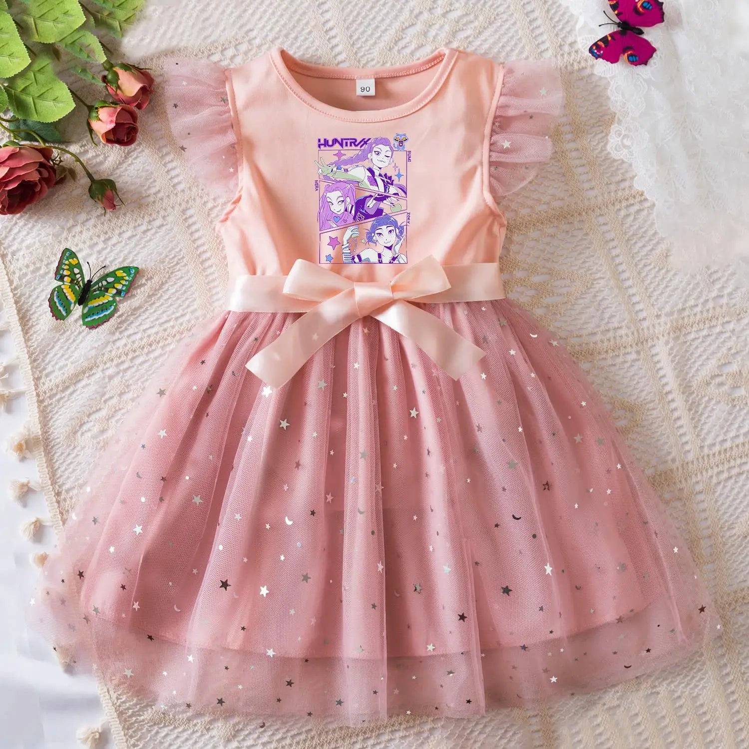 K-Pop Hunters Zoey Rumi Girls Sequin Tutu Dress with Bow Flutter Sleeves Summer Princess Party Outfit for Toddler Kids 2-6 Years