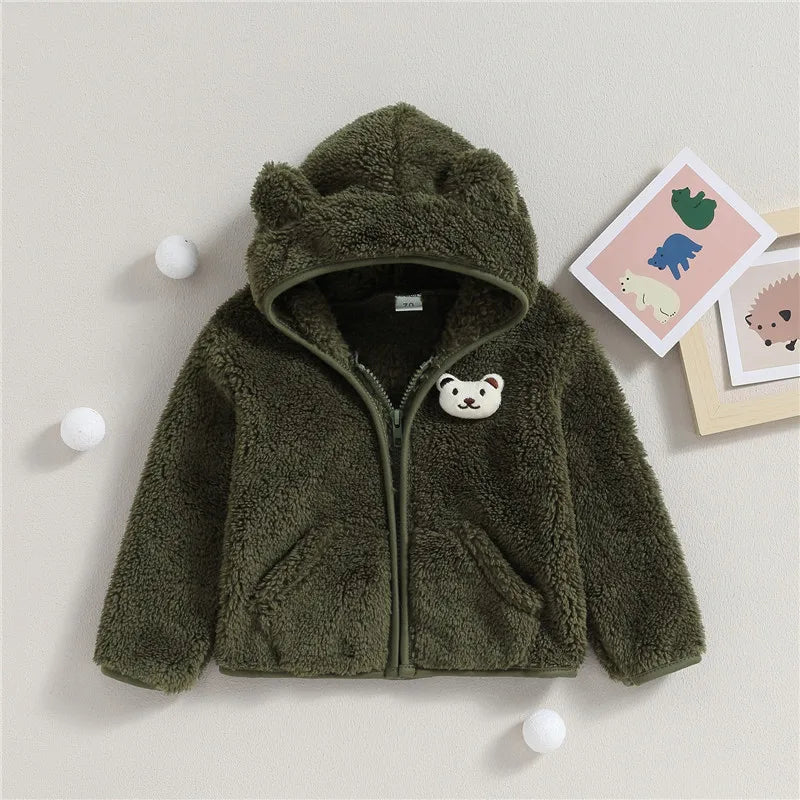 0-24months Unisex Baby Fuzzy Coat 3d Bear Hooded Jacket For Infant Girl And Boy Zipper  Spring Autumn Closure Fleece Outerwear